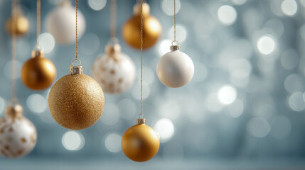 Festive golden and white Christmas decorations hanging with soft bokeh background creating a warm holiday atmosphere with elegant shimmering ornaments