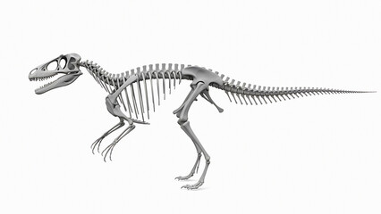 Skeletal structure of a theropod dinosaur with visible bones and sharp teeth transparent background