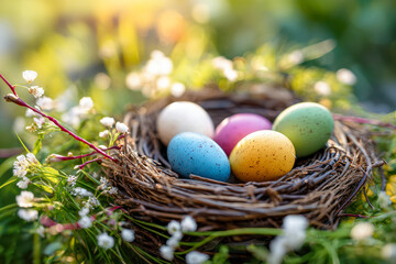 Obraz premium Vibrant multicolored speckled eggs resting in a natural twig nest surrounded by blooming wildflowers in golden sunlight outdoors