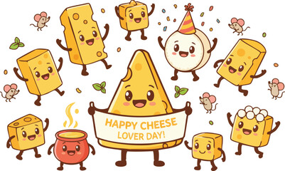 Cute cartoon cheese characters celebrating with mice and a fondue pot, happy cheese lover day illustration