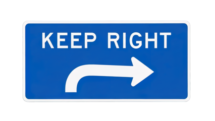 Directional blue traffic sign with keep right message and arrow