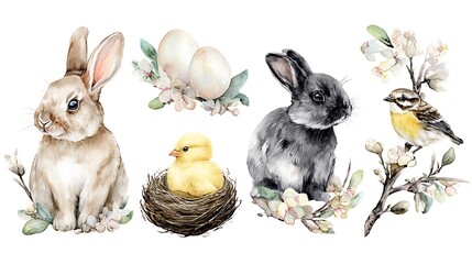 Watercolor Easter scene with rabbits birds nest and flowers eggs