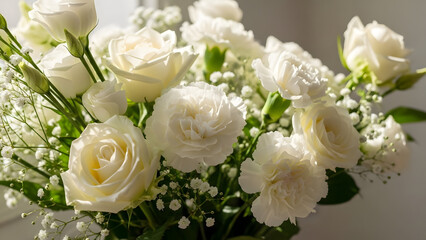 Obraz premium A bouquet of white roses and baby's breath flowers
