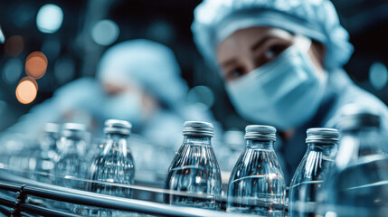 A focused worker in a mask oversees a production line filled with water bottles, highlighting cleanliness and efficiency in manufacturing.