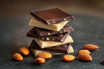 Stack of dark milk and white chocolate bars with almonds on dark background.
