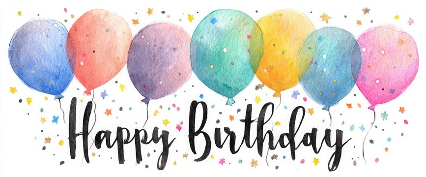 A colorful bunch of balloons with stars and the words Happy Birthday. background backdrop watercolor cartoon hand drawing of colorful balloons concept.