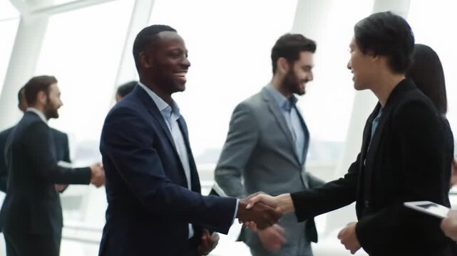 Diverse multi-ethnic professionals in modern attire networking, collaborating in bright, modern corporate setting with smooth videos. Professional synergy and teamwork atmosphere