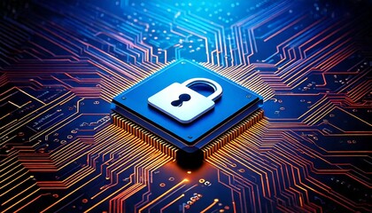  Blue computer chip with white padlock on circuit board background with orange and blue lines.jpg