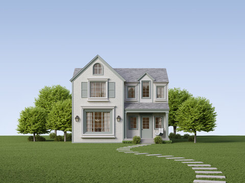 Two-story Cottage house on lawn grass with tree and blue sky. 3d rendering