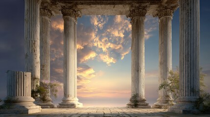 Ruins stand tall against a bright sky with clouds at dusk, showcasing history and nature in a captivating scene.