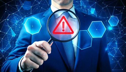 Businessman in blue suit holding magnifying glass with glowing red warning triangle inside b.jpg