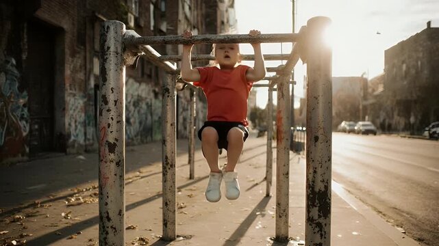 A young boy demonstrating his strength by doing pull ups on a climbing frame