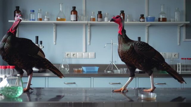 Laboratory scene with playful turkeys, Turkeys explore lab equipment amidst chaotic environment, Two lively turkeys interfere with laboratory tools creating playful disorder in research environment