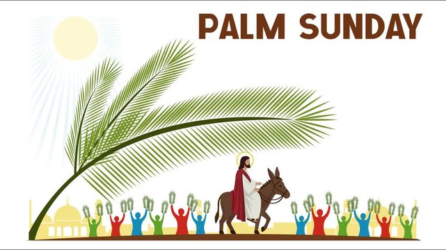 Animated Palm Sunday Illustration of Jesus Christ Riding a Donkey with Palm Leaves Celebration