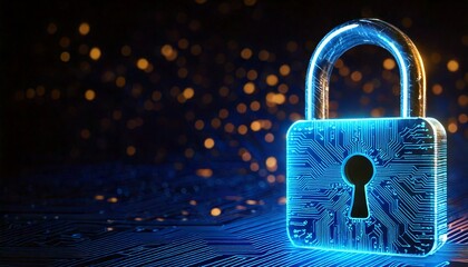 Digital padlock glowing blue on dark circuit board background with golden lights 