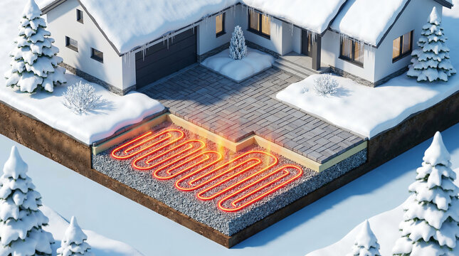 Heated driveway system for snow melting. Underground thermal coils under stone pavers prevent ice buildup in winter for residential safety.