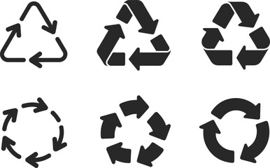 Set of six recycling symbol variations in black on white background icon arrows