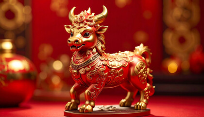 Golden Ox: Intricate details and traditional elements come together to create this detailed golden ox, set against a rich, symbolic red background. 