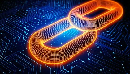 Glowing orange chain link on circuit board background with blue and orange dots blue dots