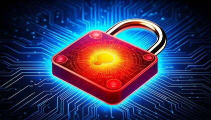  Glowing red lock with yellow sun symbol on circuit board red glow blue background