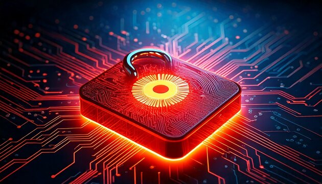  Glowing red lock with yellow sun symbol on circuit board red glow blue background - Powered by Adobe
