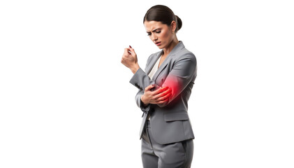 Female professional in business attire showing elbow inflammation and grimace of discomfort isolated on white background symbolizing repetitive strain injury.