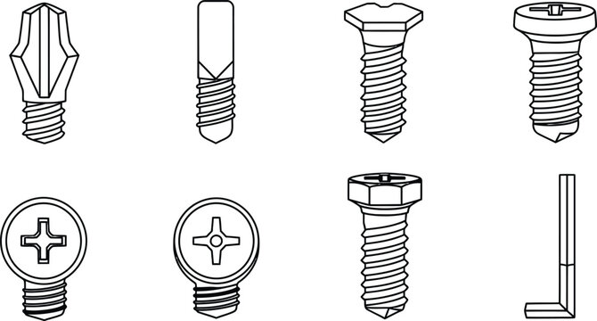 Outline illustration set of 6 screw head types phillips flathead hex torx robertson and allen drive