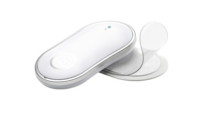 Detailed view of a modern wearable UV sensor patch emphasizing its smooth surface and adhesive back isolated on white ideal for syncing with smartphone apps to monitor UV levels.