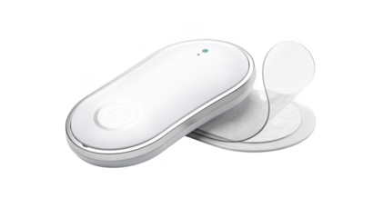 Detailed view of a modern wearable UV sensor patch emphasizing its smooth surface and adhesive back isolated on white ideal for syncing with smartphone apps to monitor UV levels.