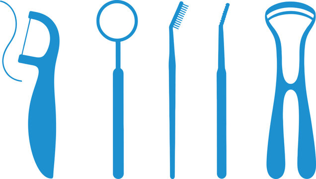 Set of 5 dental hygiene tools flat design dental floss pick mouth mirror interdental brush and tongue scraper