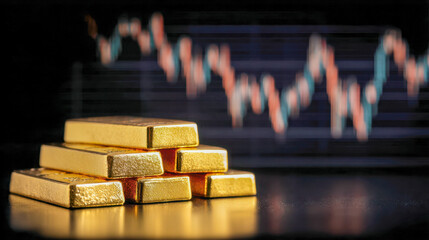 Gold bars stacked on a reflective surface with a fluctuating financial candlestick chart in the blurred background symbolizing investment and market trends