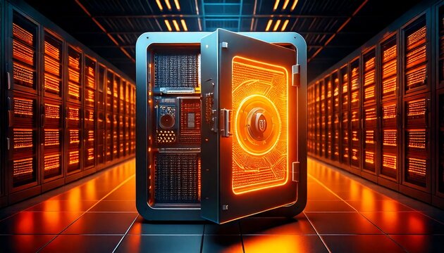 Open digital safe with glowing binary lock in a data server room with illuminated orange rac.jpg - Powered by Adobe