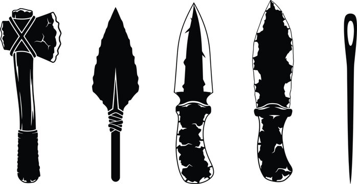 Silhouette vector set of 5 prehistoric tools stone axe spear head flint knife and bone needle