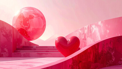 Surreal Pink Landscape with Floating Earth Sphere, Glossy Heart, and Abstract Architectural Stairs