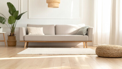 Modern Minimalist Living Room with Scandi Boho Decor, Neutral Sofa, and Bright Natural Sunlight