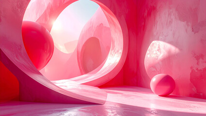 Surreal Pink Minimalist Architectural Space with Spheres and Sun Flare
