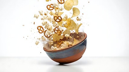 Assorted Snacks Exploding Out of a Bowl popcorn potato chips