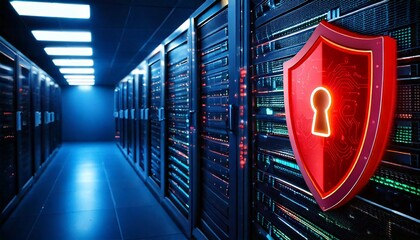 Red glowing shield with keyhole symbol on server rack in data center with rows of servers an.jpg