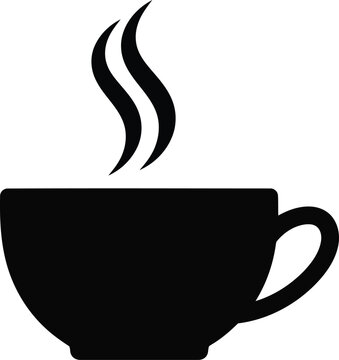 Black silhouette icon of steaming hot beverage in ceramic cup with handle representing coffee or tea break time