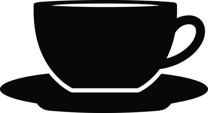 Black silhouette icon of coffee or tea cup resting upon a matching saucer symbolizing hot beverage service or cafe break time