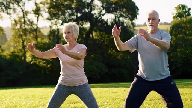Two active senior Caucasian people, a woman and a man, perform graceful tai chi and yoga in a serene, sunlit green park with creamy bokeh, embodying active retirement and well-being concept