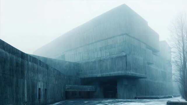 Foggy brutalist building emerges from mist creating a moody architectural scene expressing isolation modern design concrete geometry urban atmosphere and minimalist environmental storytelling