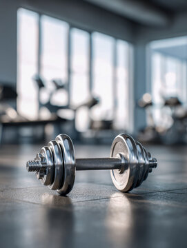 Adjustable chrome dumbbell placed on gym floor with blurred exercise equipment and bright natural light from large windows in background