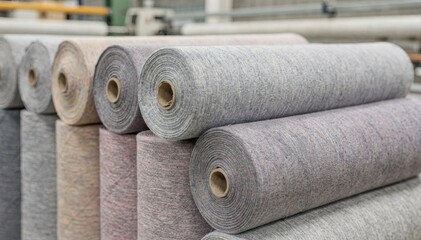Medium shot of heathered single jersey fabric rolls with interwoven yarns creating a rich textured surface neatly piled in a production setting.