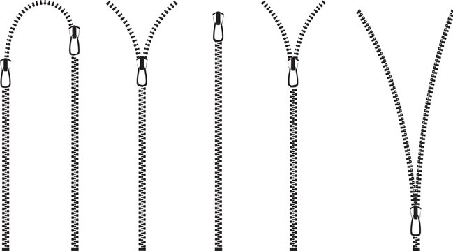 Set of silver metal zippers isolated on transparent background