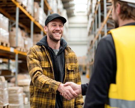 Two men shake hands in a warehouse, showcasing a positive business interaction and teamwork, with shelves stocked in the background.