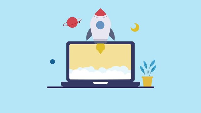 New business startup launching rocket from computer animation