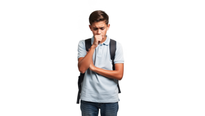 Student in casual uniform coughing into bent elbow in a school corridor isolated against white background emphasizing public health awareness in educational settings.