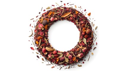 Herbal tea blend in a circular pattern on white background