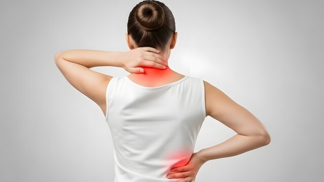 Back and neck pain relief and healthcare treatment. Physical therapy and ergonomic health. Woman from behind touching her aching neck and lower back with glowing red pain indicators